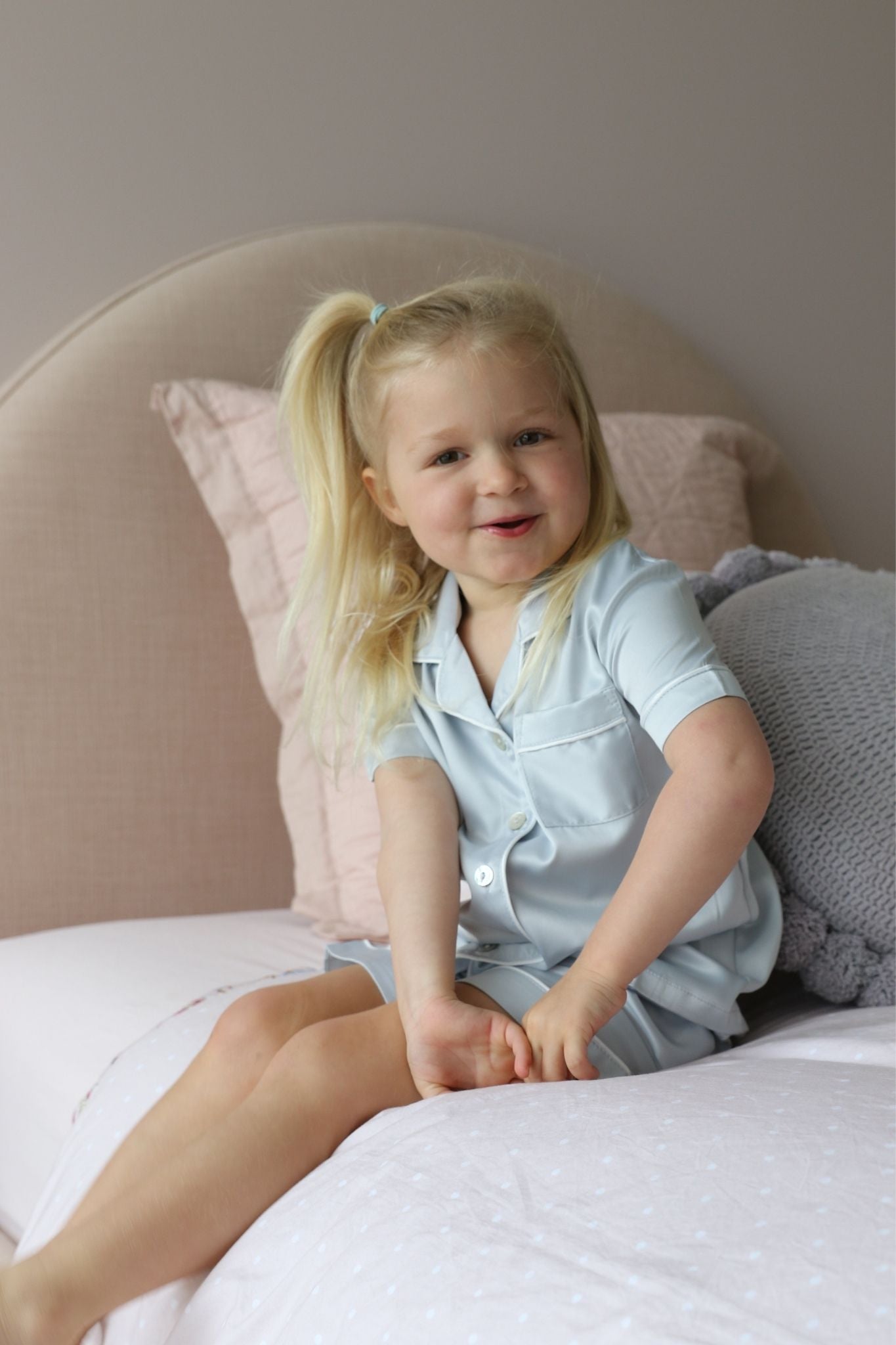 Grace Children Piping Satin Personalised Pyjama Set Eggshell Blue | Homebodii