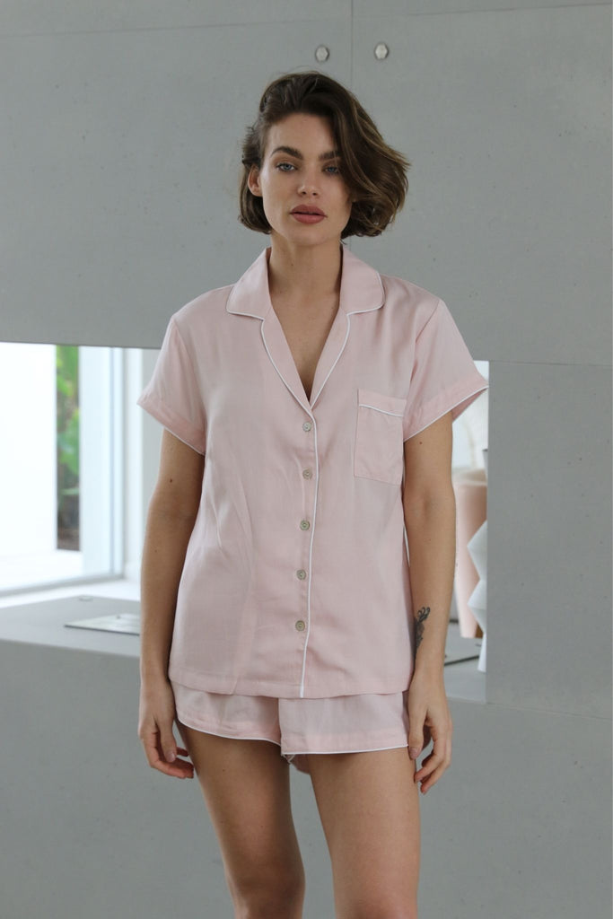 Eva Short Tencel™ Womens Personalised Pyjama Set  Blush With White Piping | Homebodii