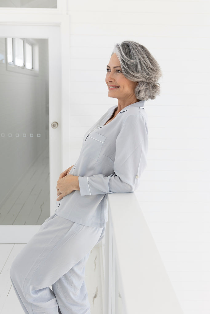Eva Short Sleeve With Long Pant Tencel™ Womens Personalised Pyjama Set  Black With Blush Piping