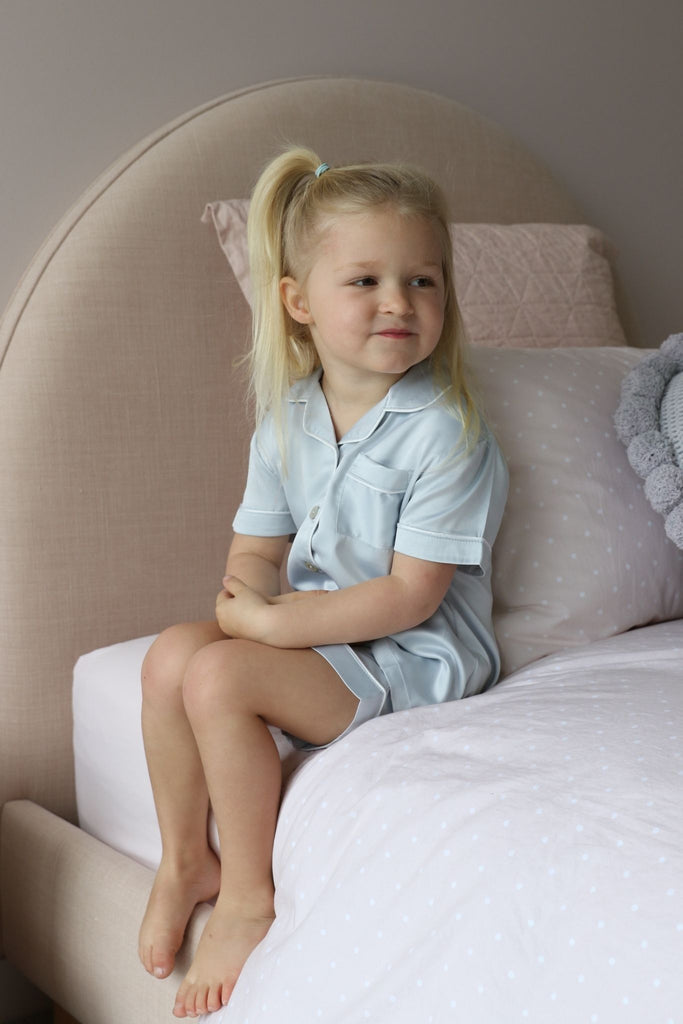 Grace Children Piping Satin Personalised Pyjama Set Eggshell Blue | Homebodii