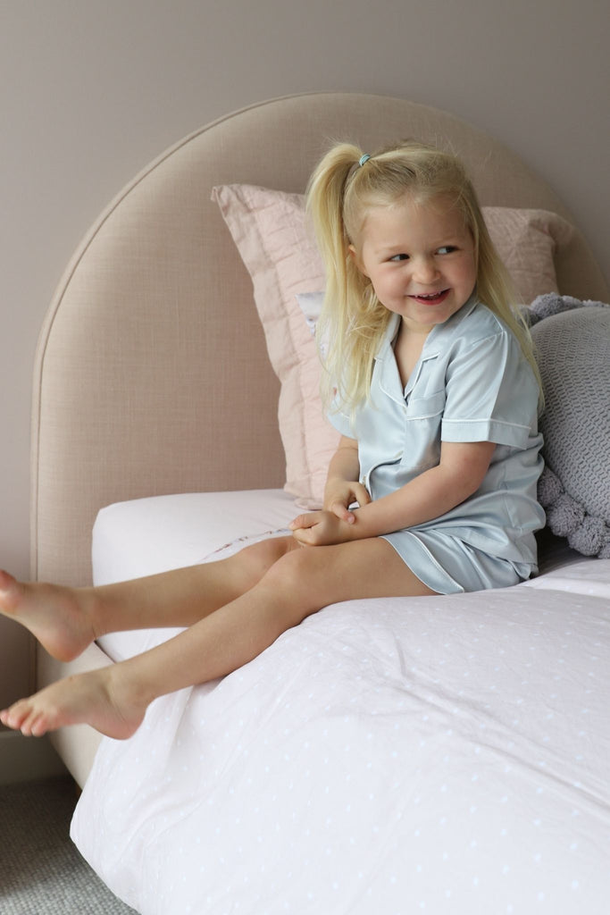 Grace Children Piping Satin Personalised Pyjama Set Eggshell Blue | Homebodii